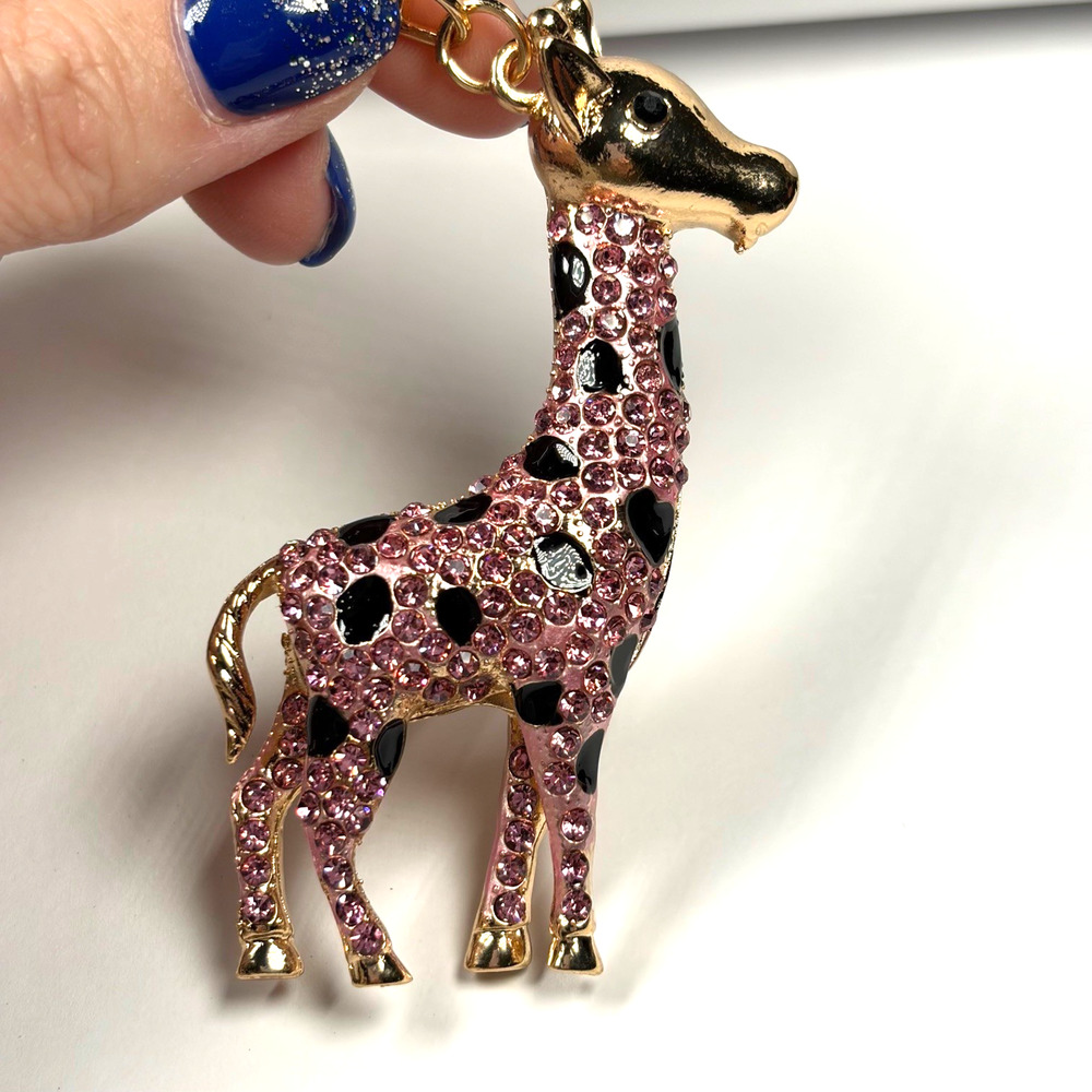 Pink Giraffe Bag Charm Gold Crystal Rhinestone‎ Keychain Y2K Kawaii Safari Glitz